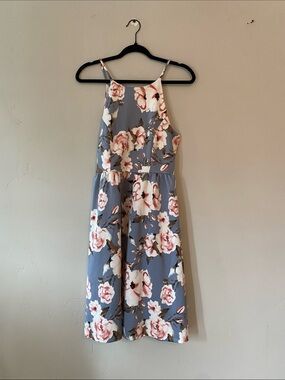 Blue Floral Halter Sundress with Pink Roses